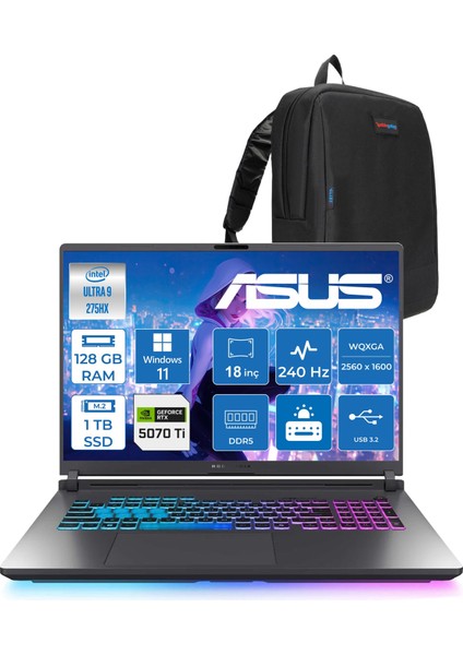 Rog Strix G18 G815LR-S9156 Ultra 9 275HX Aı 128GB 1tb SSD 12GB/RTX5070Tİ Gddr7 175W 18" 2.5k Wqxga 240Hz 3ms 500NITS Windows 11 Pro Taşınabilir Bilgisayar WS9156W35128G + Zettaçanta