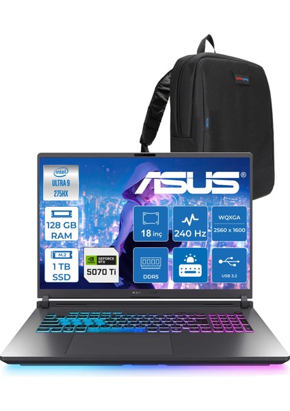 Rog Strix G18 G815LR-S9156 Ultra 9 275HX Aı 128GB 512GB SSD+512GB SSD 12GB/RTX5070Tİ Gddr7 175W 18" 2.5k Wqxga 240Hz 3ms 500NITS Freedos Taşınabilir Bilgisayar WS9156F34128G + Zettaçanta