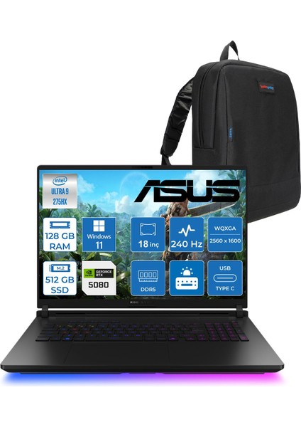Rog Strix Scar 18 G835LW-SA129 Intel Core Ultra 9 275HX Aı 128GB 512GB SSD 16GB/RTX5080 Gddr7 175W 18" 2.5k 2560X1600 Wqxga 240Hz 3ms 1200NITS WINDOWS11PRO Laptop WSA129W41128G + Zettaçanta
