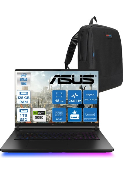 Rog Strix Scar 18 G835LX-SA156 Intel Core Ultra 9 275HX Aı 128GB 512GB SSD+512GB SSD 24GBRTX5090 Gddr7 175W 18" 2.5k 2560 x 1600 240Hz 3ms 1200NITS Freedos Laptop WSA156F42128G + Zettaçanta
