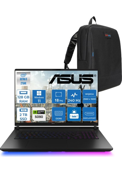 Rog Strix Scar 18 G835LX-SA156 Intel Core Ultra 9 275HX Aı 128GB 2tb SSD 24GB/RTX5090 Gddr7 175W 18" 2.5k 2560 x 1600 240Hz 3ms 1200NITS Windows 11 Home Laptop WSA156H45128G + Zettaçanta