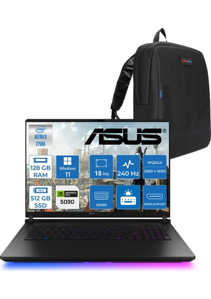 Rog Strix Scar 18 G835LX-SA156 Intel Core Ultra 9 275HX Aı 128GB 512GB SSD 24GB/RTX5090 Gddr7 175W 18" 2.5k 2560 x 1600 240Hz 3ms 1200NITS Windows 11 Pro Laptop WSA156W41128G + Zettaçanta