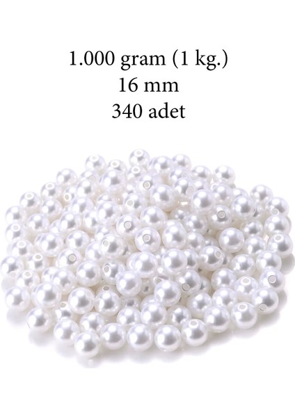 1.000 Gram (1 Kg.) 16MM Beyaz Renk Plastik Inci Boncuk Çanta ve Takı Yapım Boncuğu (~340 Adet)