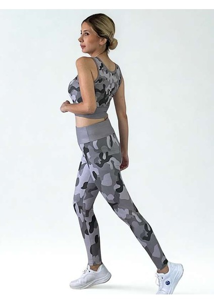 3D Baskılı Özel Tasarım Premium Kalite Toparlayıcı Crop ve Yüksek Bel Tayt Kamuflaj Takım