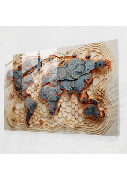 Dünya Haritası Cam Duvar Sanatı - Geometrik Tasarım - Dünya Haritası 2 Cam Tablo Duvar Dekorasyonu