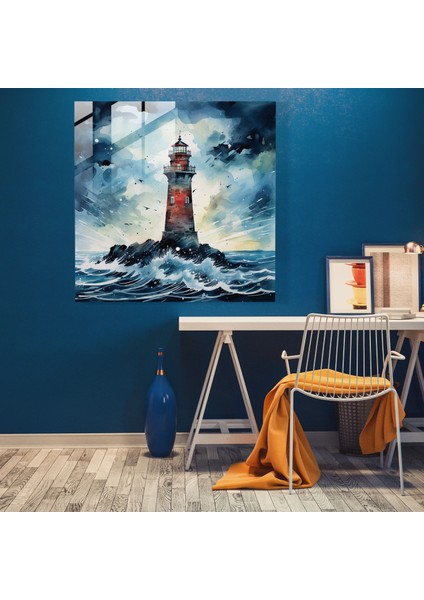 Fırtınalı Deniz Feneri Cam Tablo - Fırtına Cam Duvar Sanatı Duvar Dekorasyonu Modern Sanat modelleri