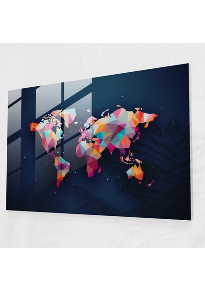 Dünya Haritası Cam Tablo - Dünya Haritası 2 Cam Duvar Sanatı Cam Sanatı Geometrik Şekiller