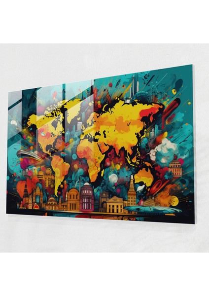 Dünya Haritası Cam Tablo - Pop Art Dünya - Modern Dönem Dünya Haritası Cam Tablo
