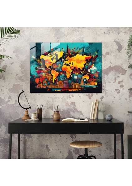 Dünya Haritası Cam Tablo - Pop Art Dünya - Modern Dönem Dünya Haritası Cam Tablo fiyatları
