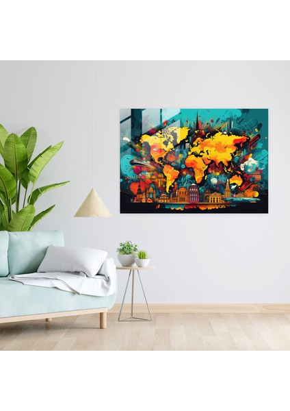 Dünya Haritası Cam Tablo - Pop Art Dünya - Modern Dönem Dünya Haritası Cam Tablo modelleri