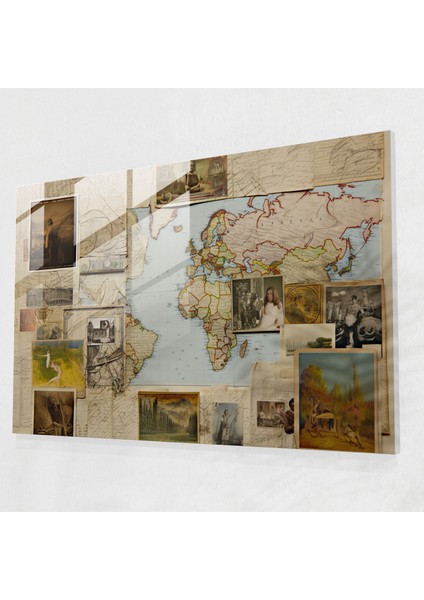 Vintage Kartpostal Cam Tablo - Dünya Haritası 2 Modern Sanat Nostaljik Duvar Dekorasyonu