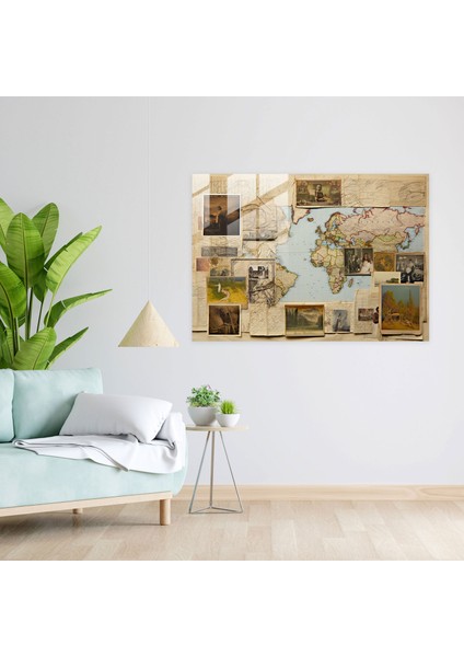 Vintage Kartpostal Cam Tablo - Dünya Haritası 2 Modern Sanat Nostaljik Duvar Dekorasyonu modelleri
