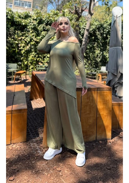 Kadın Büyük Beden Degaje Yaka Asimetrik Yırtmaçlı Esnek Viskon Takım