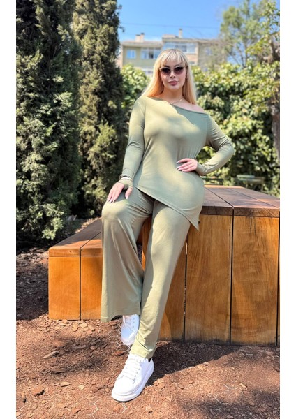 Kadın Büyük Beden Degaje Yaka Asimetrik Yırtmaçlı Esnek Viskon Takım fiyatları