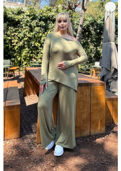 Kadın Büyük Beden Degaje Yaka Asimetrik Yırtmaçlı Esnek Viskon Takım indirimleri