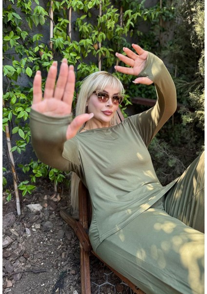 Kadın Büyük Beden Degaje Yaka Asimetrik Yırtmaçlı Esnek Viskon Takım