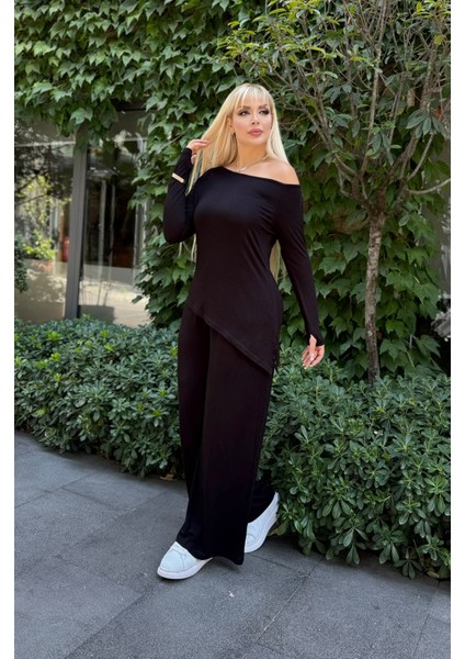 Kadın Büyük Beden Degaje Yaka Asimetrik Yırtmaçlı Esnek Viskon Takım