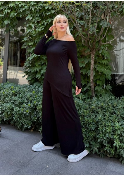 Kadın Büyük Beden Degaje Yaka Asimetrik Yırtmaçlı Esnek Viskon Takım