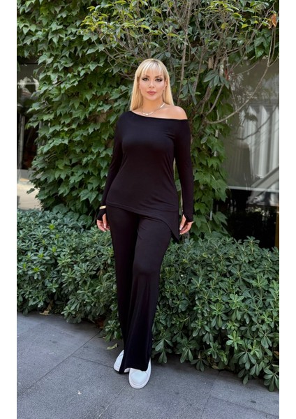 Kadın Büyük Beden Degaje Yaka Asimetrik Yırtmaçlı Esnek Viskon Takım