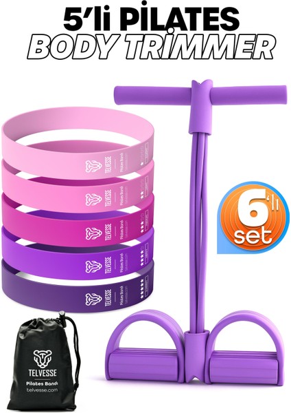 6lı Set Body Trimmer + Pilates Lastiği Seti Mekik Kürek Çekme Spor Kondisyon Egzersiz Aleti Mor