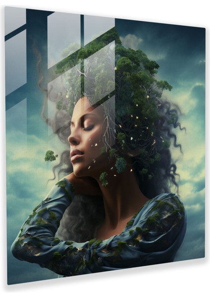 Sürreal Cam Tablo - Uyum Içindeki Kadın - Kadın Sürreal Dijital Boyama Duvar Dekorasyonu Ev Dekorasyonu