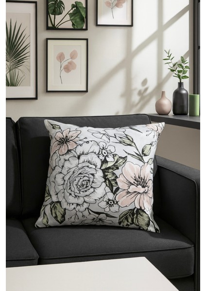 Duck Çiçekli Kırlent Kılıfı Pudra Gri 40X40