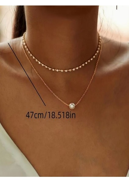 Gümüş Rengi Incili ve Taşlı 2 Sıralı Kolye fiyatları