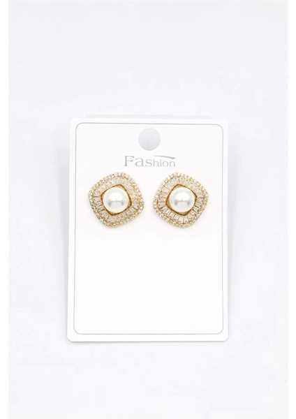 Incili Baget Taşlı Küpe - Altın