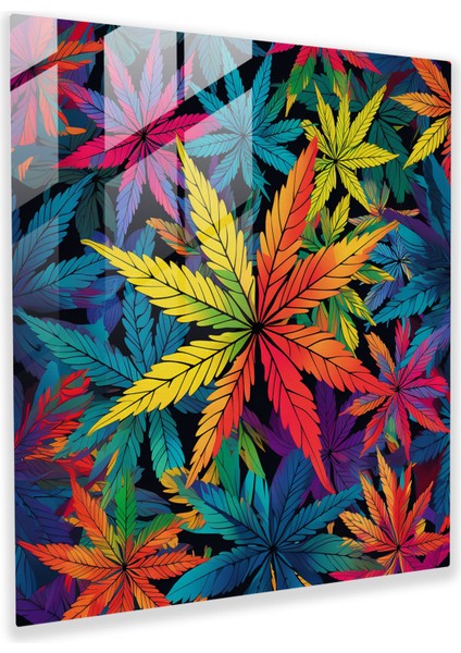 Canlı Yapraklar Cam Tablo - Bitki Ev Dekorasyonu Stilize Pop Sanat