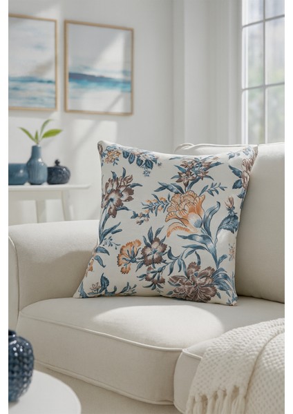 Duck Çiçekli Kırlent Kılıfı Turkuaz Mavi 40X40