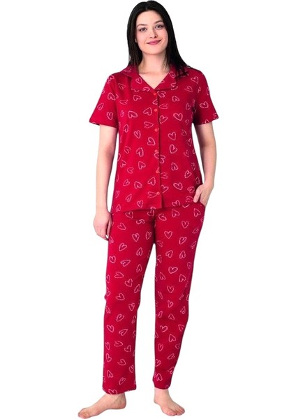 Kalpli Desen Önden Düğmeli Bayan Pijama Takım