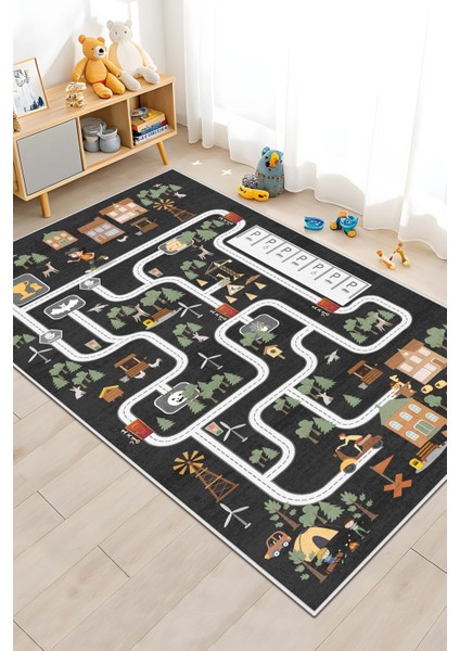 Makinede Yıkanabilir Kaymaz Taban Leke Tutmaz Yol Desenli Çocuk Odası Halısı Oyun Halısı