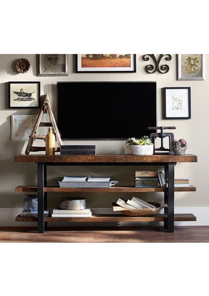 Vista Dekoratif Metal Masif Çam Ahşap Tv Ünitesi Sehpası