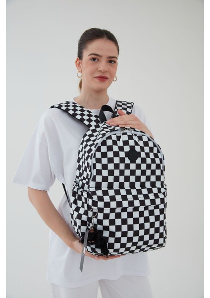 Unisex Su Geçirmez Dama Desenli Ortaokul Sırt Çantası Anahtarlık Hediyeli