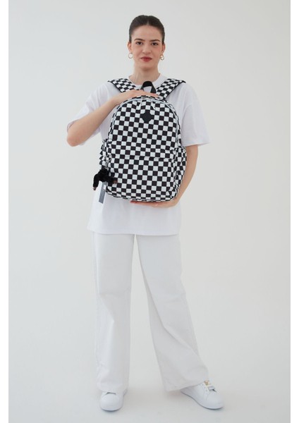 Unisex Su Geçirmez Dama Desenli Ortaokul Sırt Çantası Anahtarlık Hediyeli