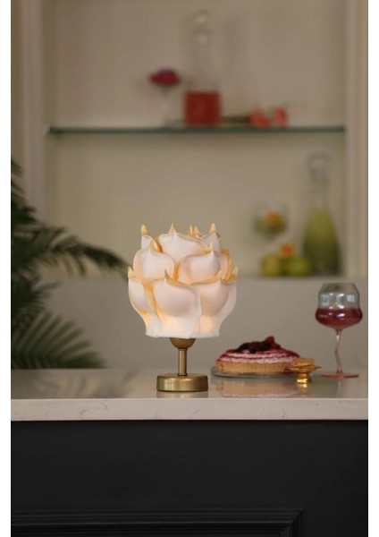 Gold Detaylı Eva Gül Tasarım Kablosuz Şarjlı Masa Lambası -Alt Eskitme Gold