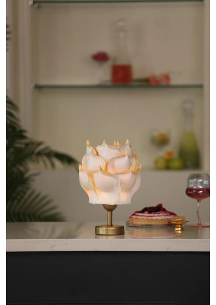 Gold Detaylı Eva Gül Tasarım Kablosuz Şarjlı Masa Lambası -Alt Eskitme Gold fırsatları