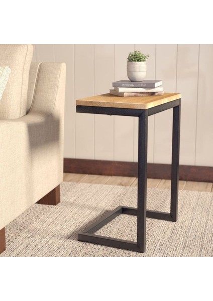 Dora Dekoratif Metal Masif Çam Ahşap Yan Sehpa