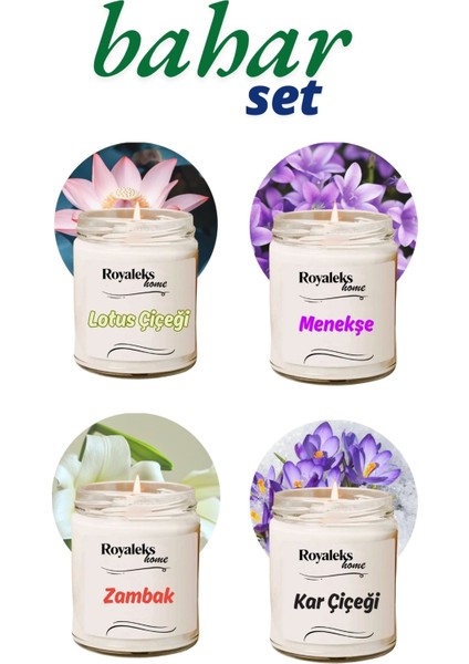 4 Adet Doğal Özel Seri Kokulu Dekoratif Kavanoz Mum 4X210 cc - Bahar Seti - Ryl
