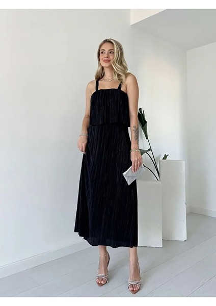 Likralı Astarlı Askılı Pliseli Şal Yaka Beli Lastikli Elbise