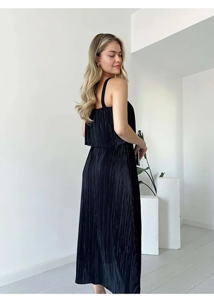 Likralı Astarlı Askılı Pliseli Şal Yaka Beli Lastikli Elbise fiyatları