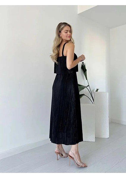 Likralı Astarlı Askılı Pliseli Şal Yaka Beli Lastikli Elbise fırsatları