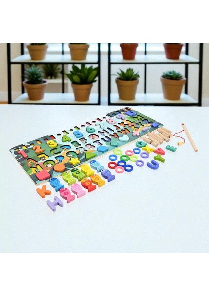 Montessori 5’i 1 Arada Ahşap Öğretici Eğitici Oyuncak Seti Balık Tutma Şekiller Sayılar Halkalar