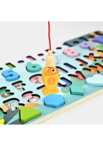 Montessori 5’i 1 Arada Ahşap Öğretici Eğitici Oyuncak Seti Balık Tutma Şekiller Sayılar Halkalar modelleri