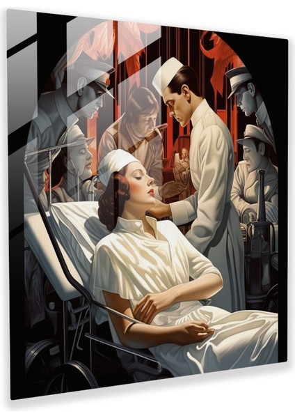 Şık Hemşire Yaralı Askerlere Bakıyor Cam Tablo - Vintage Ev Dekorasyonu Için Yüksek Kaliteli Cam Duvar Sanatı