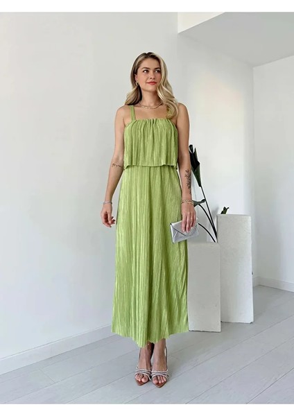 Likralı Astarlı Askılı Pliseli Şal Yaka Beli Lastikli Elbise