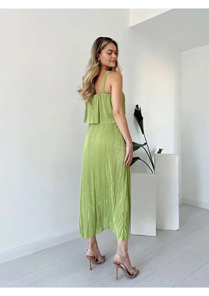 Likralı Astarlı Askılı Pliseli Şal Yaka Beli Lastikli Elbise fiyatları