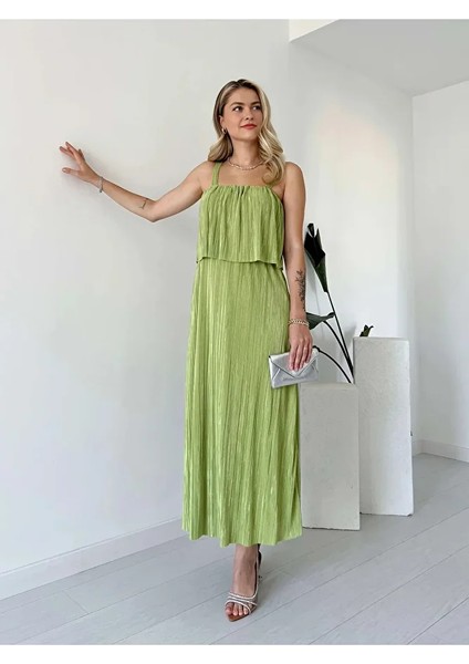 Likralı Astarlı Askılı Pliseli Şal Yaka Beli Lastikli Elbise modelleri