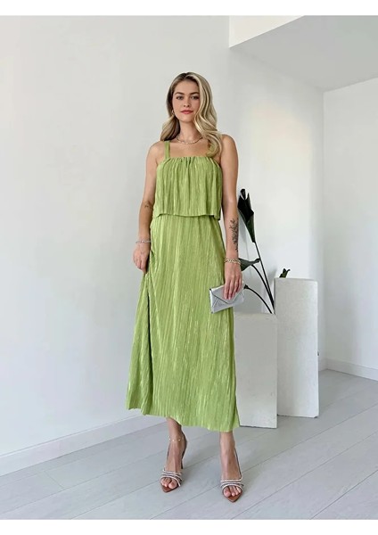 Likralı Astarlı Askılı Pliseli Şal Yaka Beli Lastikli Elbise fırsatları