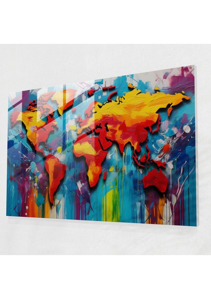 Dünya Haritası - Renkli Cam Tablo Pop Art Boyama Dünya Haritası 2